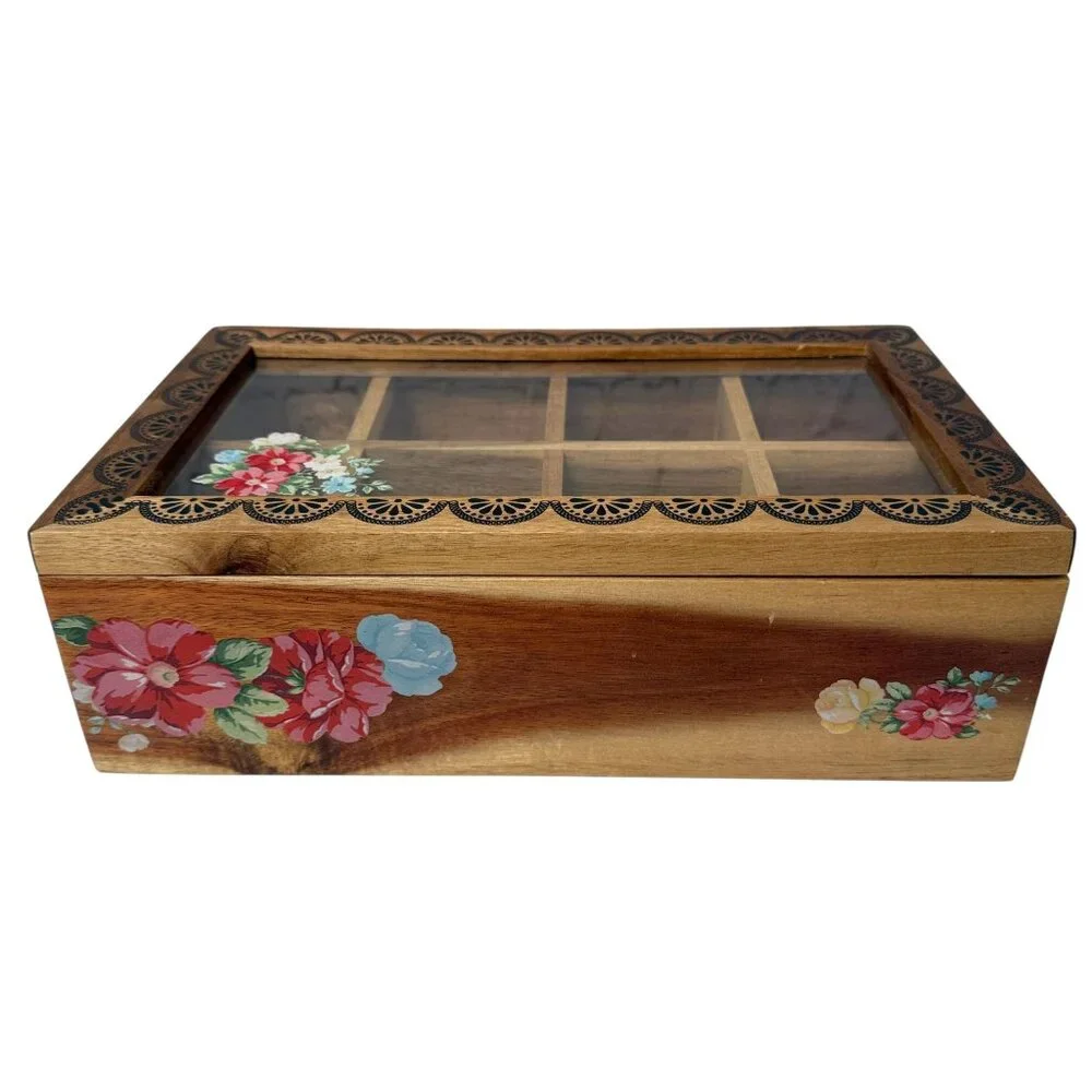 THE PIONEER WOMAN Wooden Tea Box Organizer Country Vintage Floral 8 Compartments - Picture 9 of 16